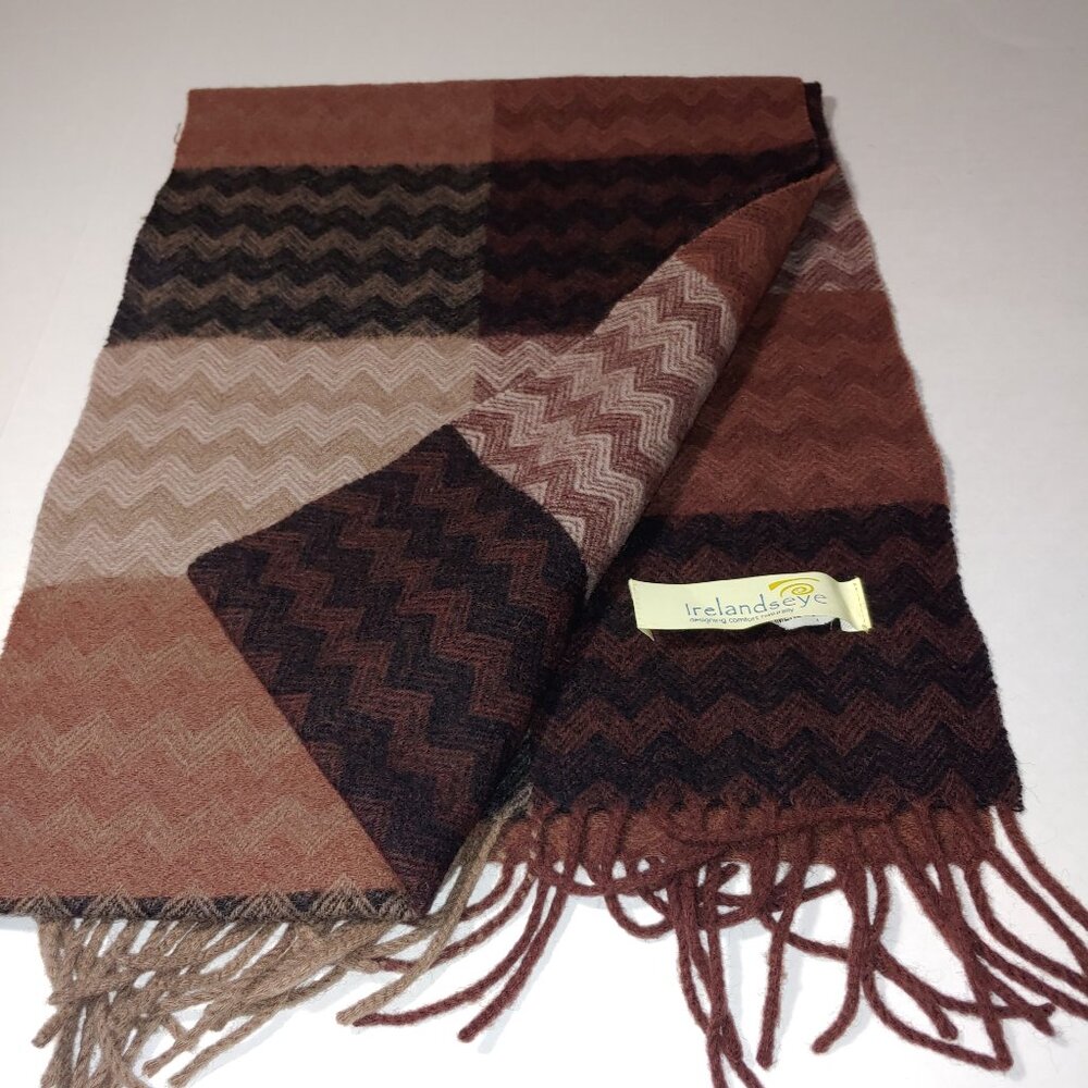 IrelandEye Cashmere Wool Blend Chevron pattern Fringes Scarf Brown OS